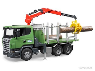 Bruder SCANIA R-Serie Holztransport-LKW mit Ladekran, Greifer und 3 langen Baumstämmen - 03524