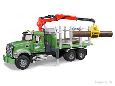 Bruder MACK Granite Holztransport-LKW mit Ladekran, Greifer und 3 langen Baumstämmen - 02824